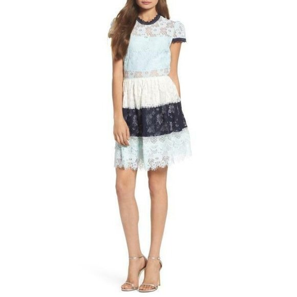 Foxiedox Amelia Lace Fit & Flare Dress Open Back Sky Block Blue Large - Picture 1 of 1